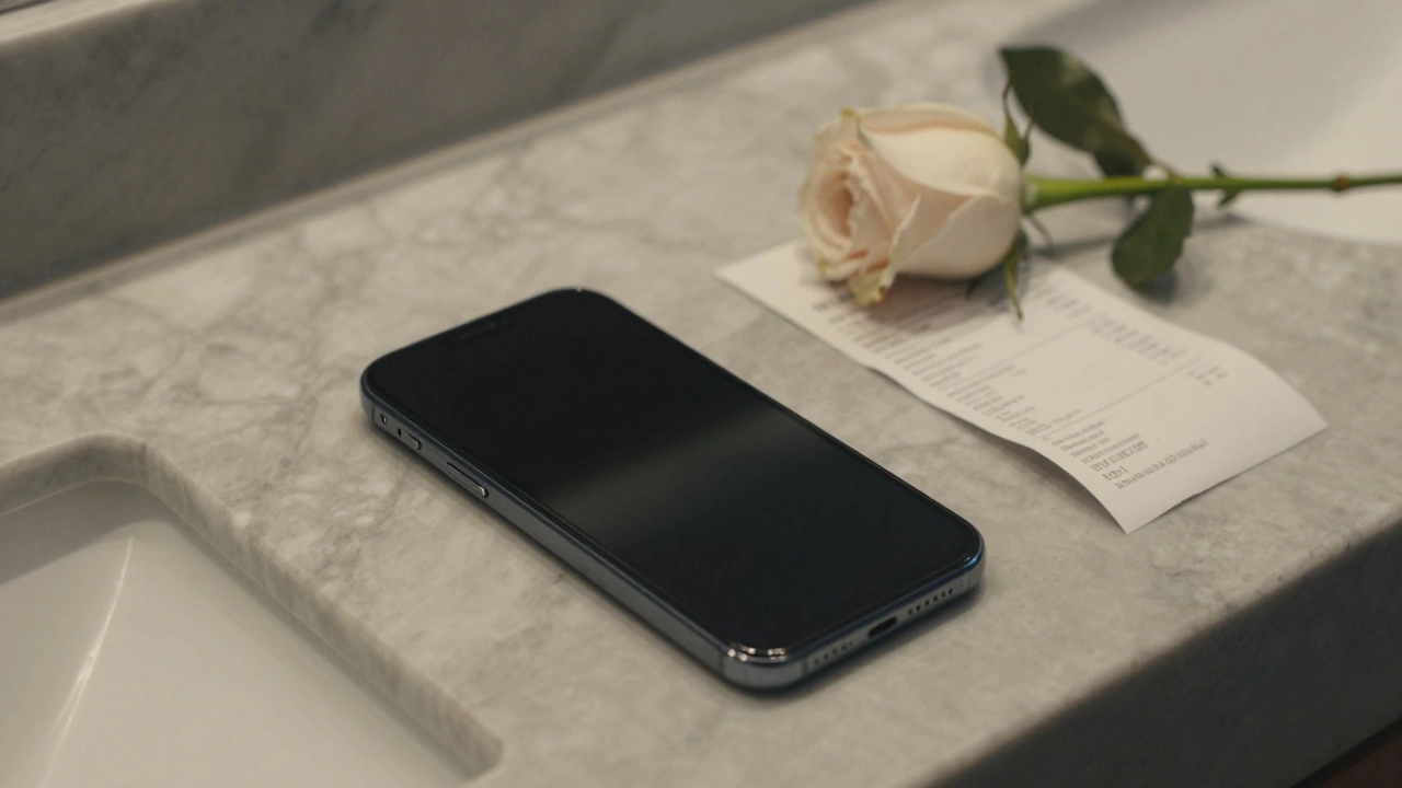 A dark smartphone and folded receipt on a marble counter, no text visible, symbolizing privacy.