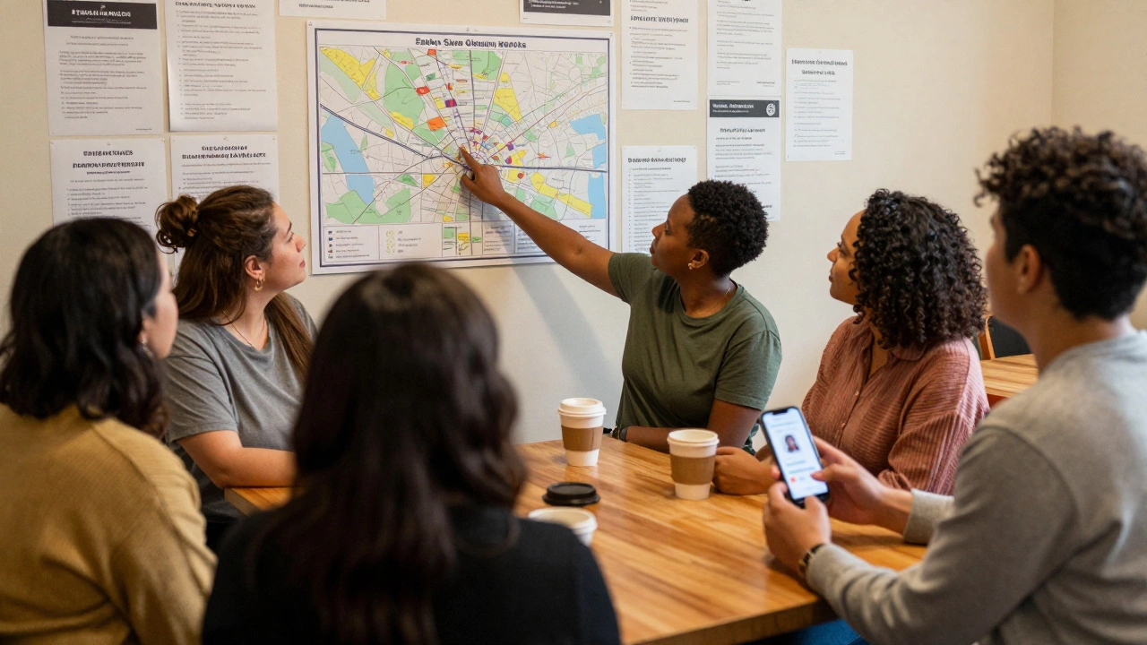 A group of sex workers sharing support in a community center, discussing safety and resources.