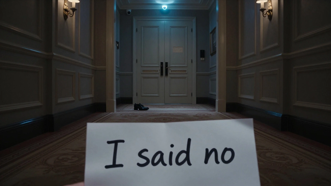Empty hotel hallway with a single pair of shoes and a note saying &#039;I said no&#039; on the floor.